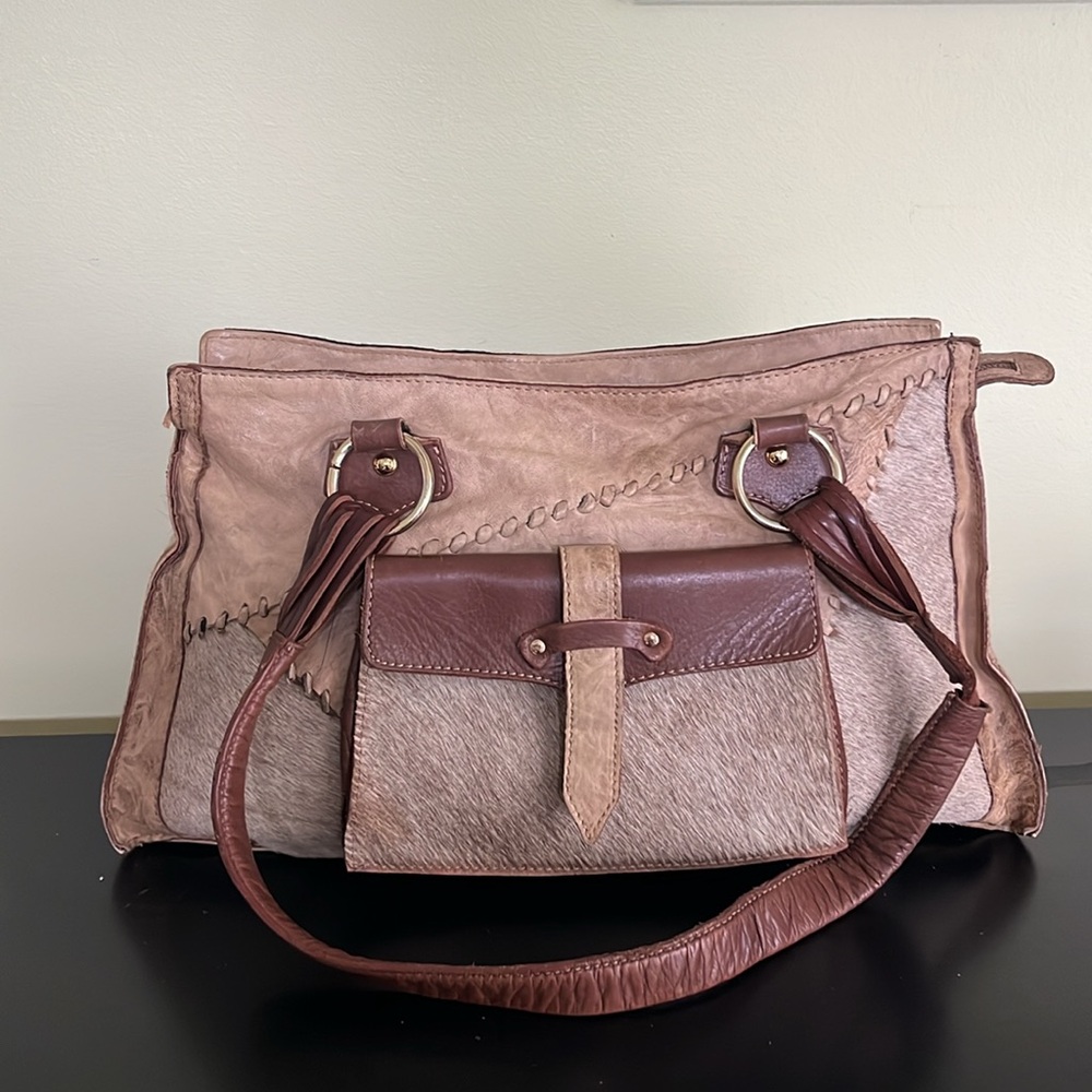 Nardelli Italian Made Tan Leather with Calf hair Large Shoulder Bag